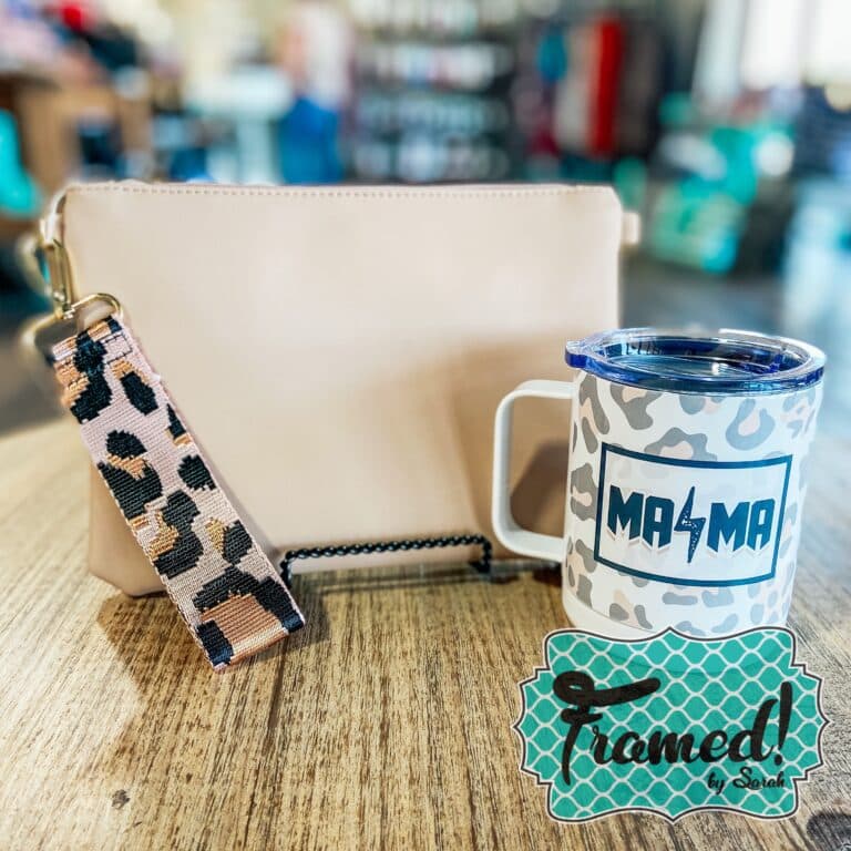 Madeline wristlet in tan with leopard mug