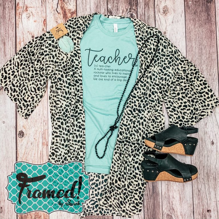 March Teacher Tee Outfit with leopard kimono Framed by Sarah Tees 4 Teachers Subscription Box