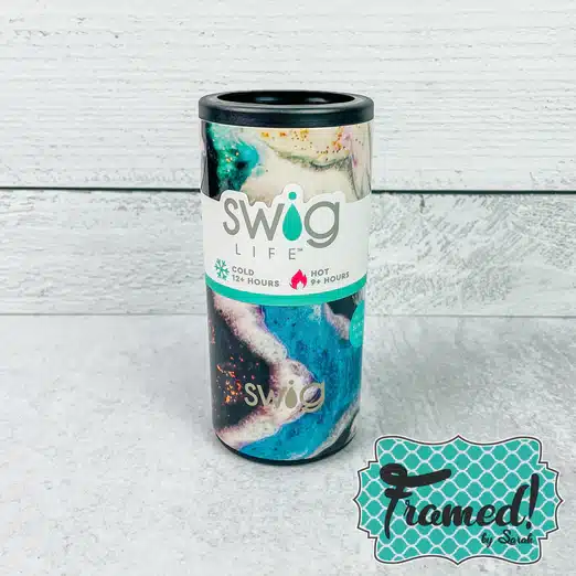blue, ivory, black, and gold aurora print skinny can cooler for the beach