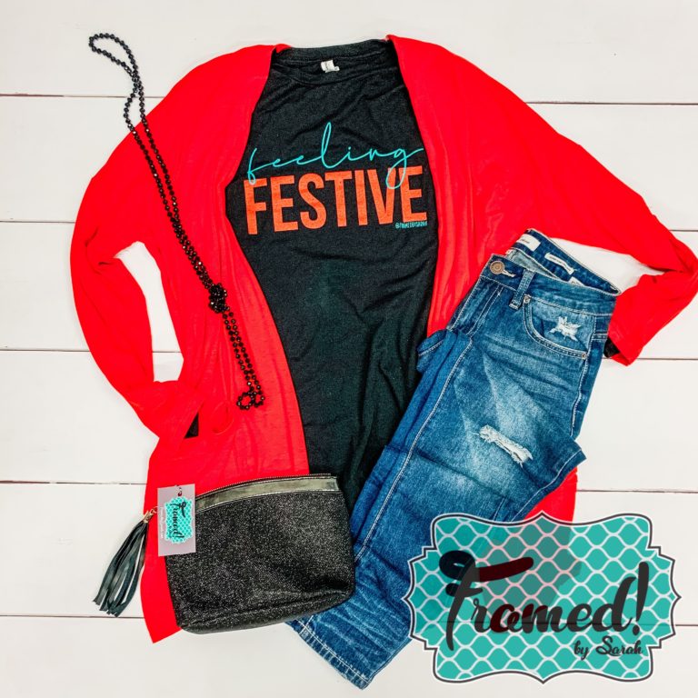 Feeling Festive Tee Buffalo Plaid Shoes and red cardigan Framed by Sarah