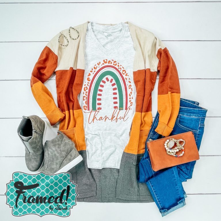 Color Block Cardigan outfit with the Thankful Fall T-shirt Club tee