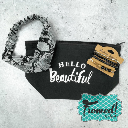 Hello Beautiful makeup bag, snake skin headband, black and gold bracelet stack