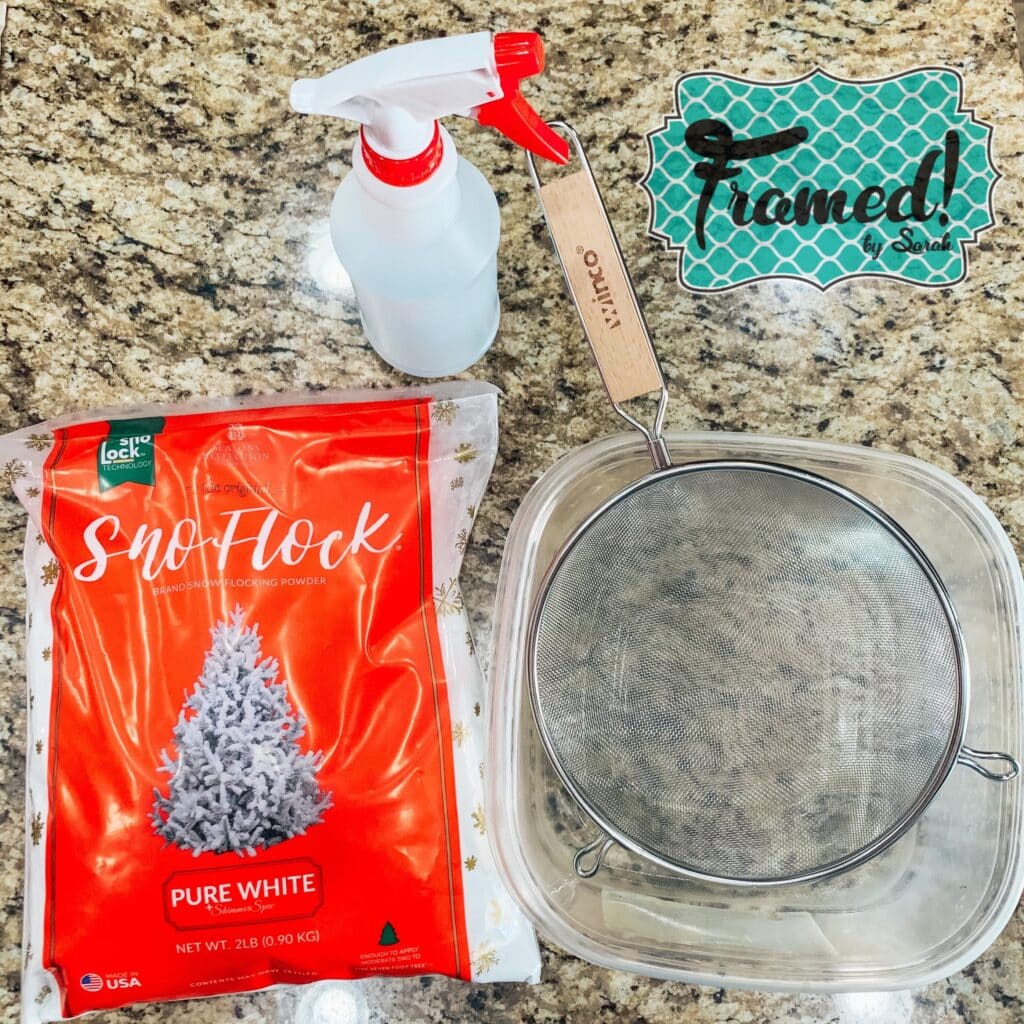 supplies for how to flock a Christmas Tree Framed by Sarah