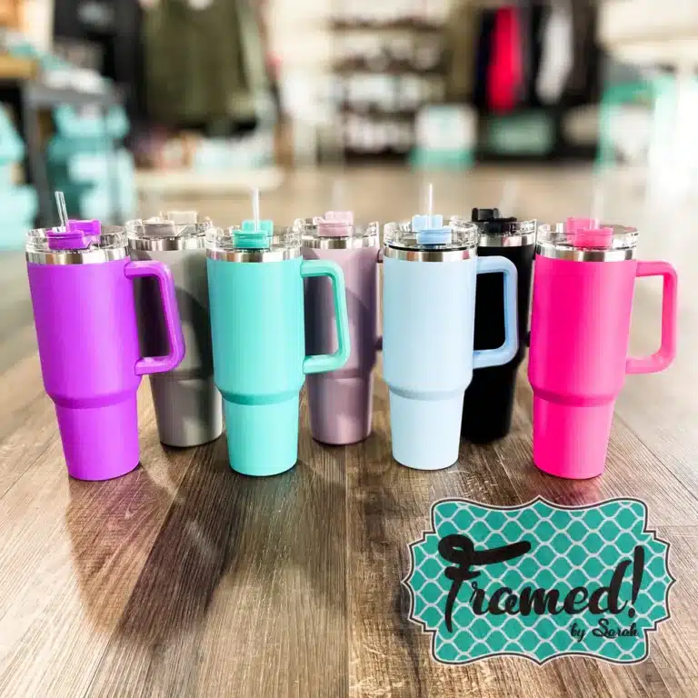 7 colorful 30oz Matte Tumblers with Handle with straws