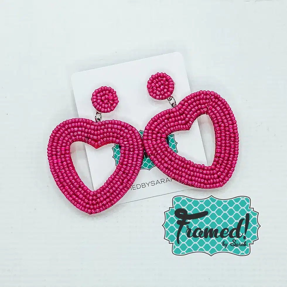 Hot pink beaded heart shaped earrings Galentine's Day Gifts Framed by Sarah