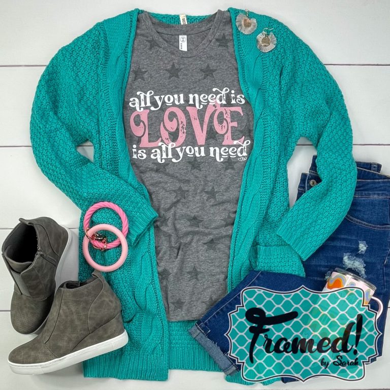 Teal Cardi and All you need is love tshirt Framed