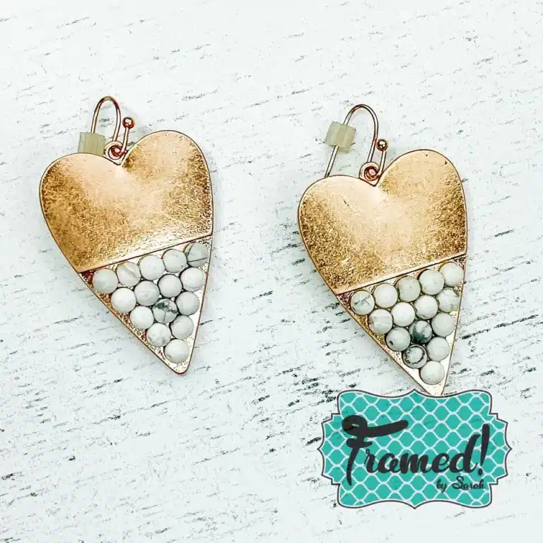 Gold Heart Earrings with small white stones inset in the bottom half - Galentine's Day Gifts Framed by Sarah