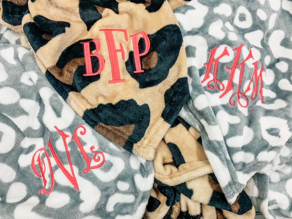 Leopard Blankets with monograms Framed by Sarah