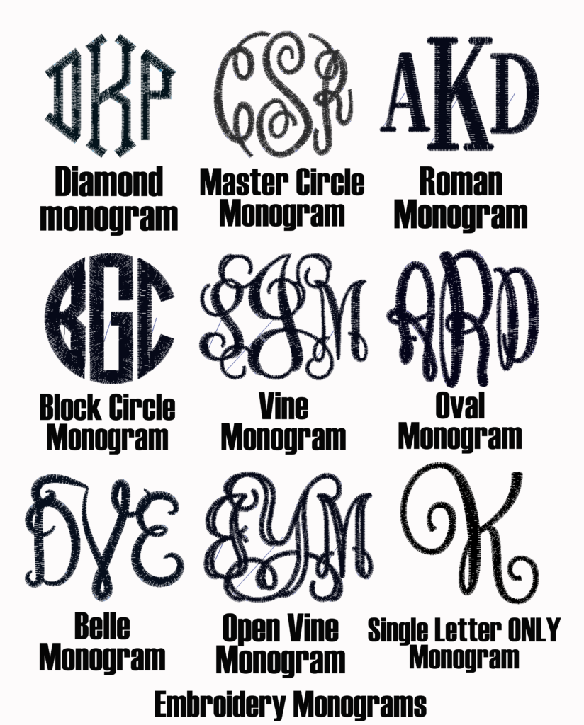 Monogram Options Chart_Framed by Sarah All About Monograms