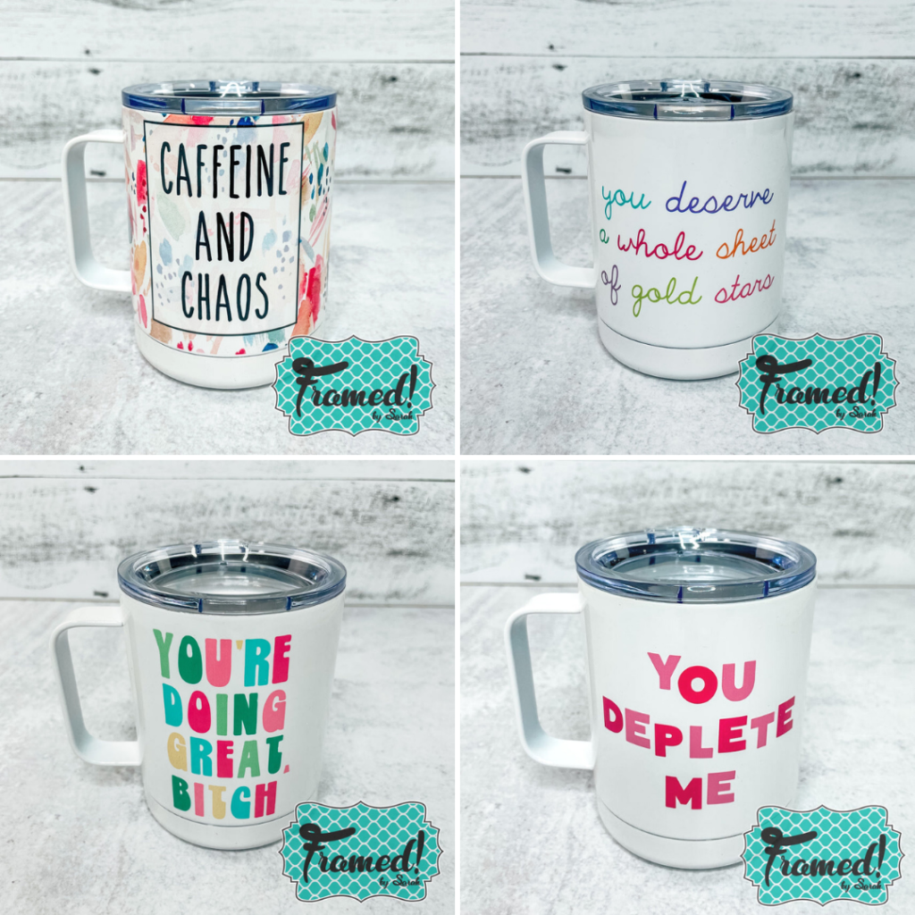 4 image grid of silly saying mugs