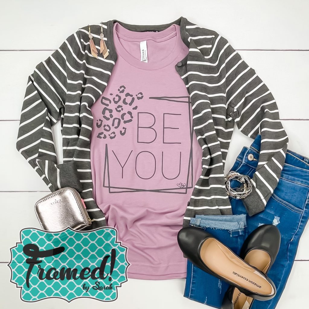 Gray striped cardigan with Be You March 2022 T-Shirt Club 2