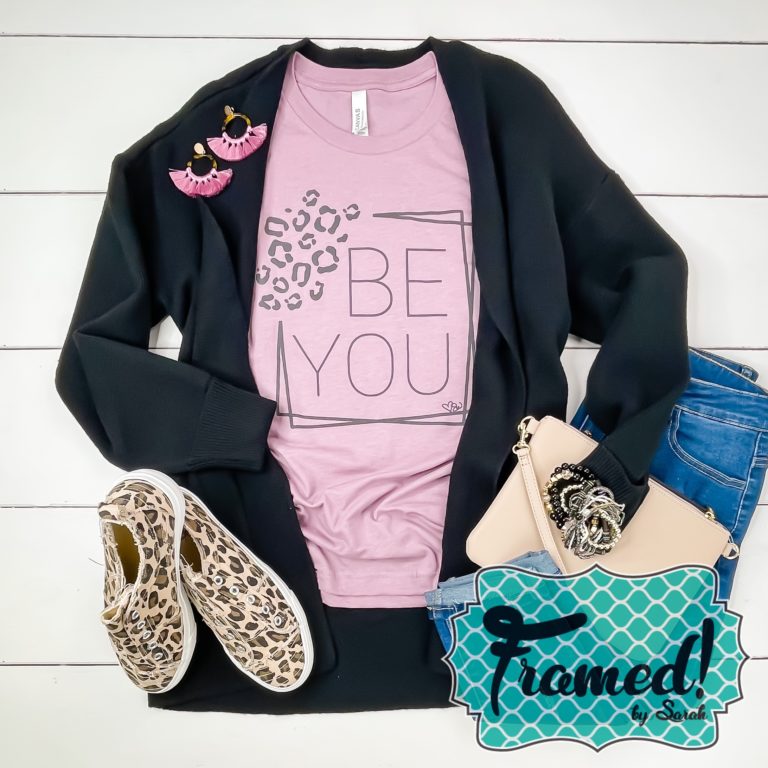 Black cardigan with be you tee March 2022 T-Shirt Club 3