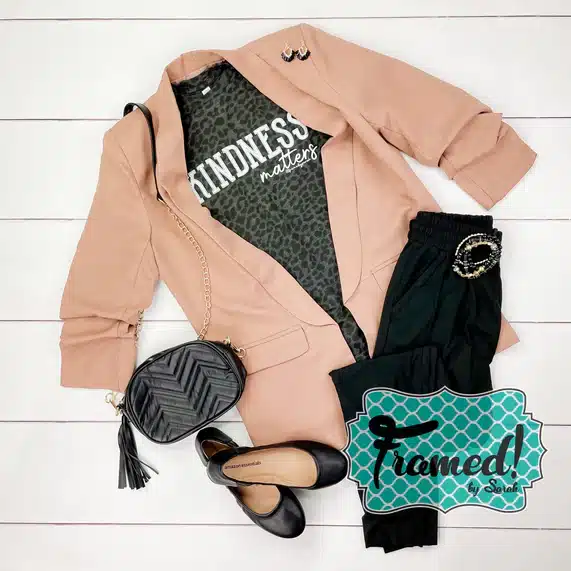 Mauve Collared Blazer styled with black leopard "Kindness Matters" tshirt, black slacks, black flats and clutch.