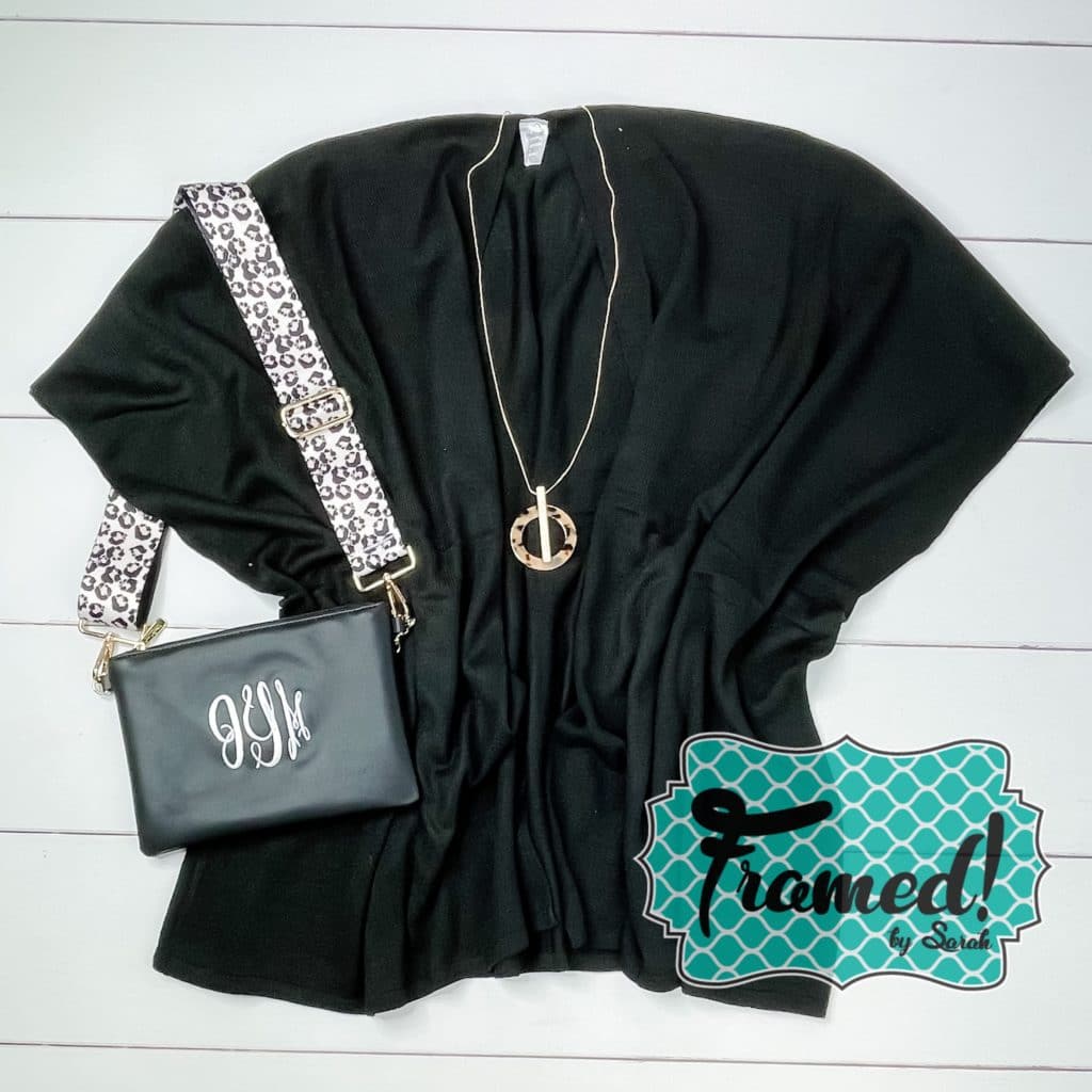 Black kimono cardigan, black monogrammed crossbody purse with a leopard strap, and a tortoise long necklace - Classic Black Gift Set Framed by Sarah