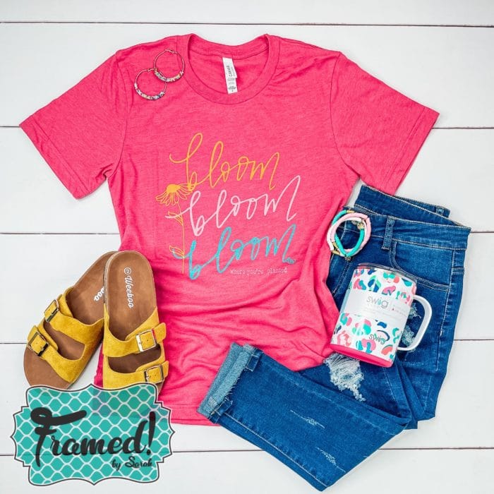 Pink T-shirt with 3 colorful Bloom Bloom Bloom in script