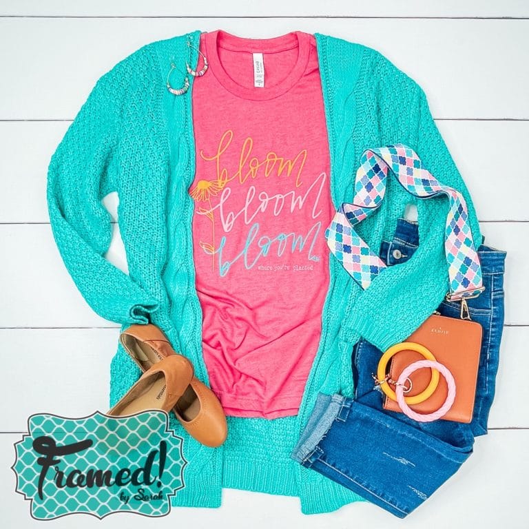 Chunky teal cardigan over the hot pink colorful bloom tshirt