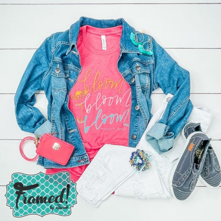 Colorful bloom tshirt styled with white jeans and a denim jacket