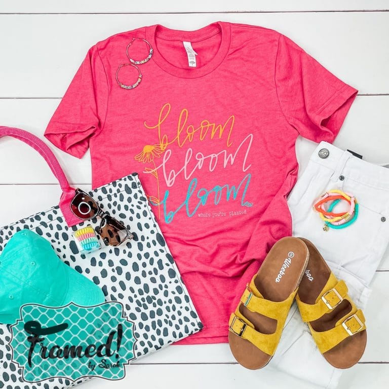 Hot pink colorful bloom tshirt with tote, white jeans, yellow sandals