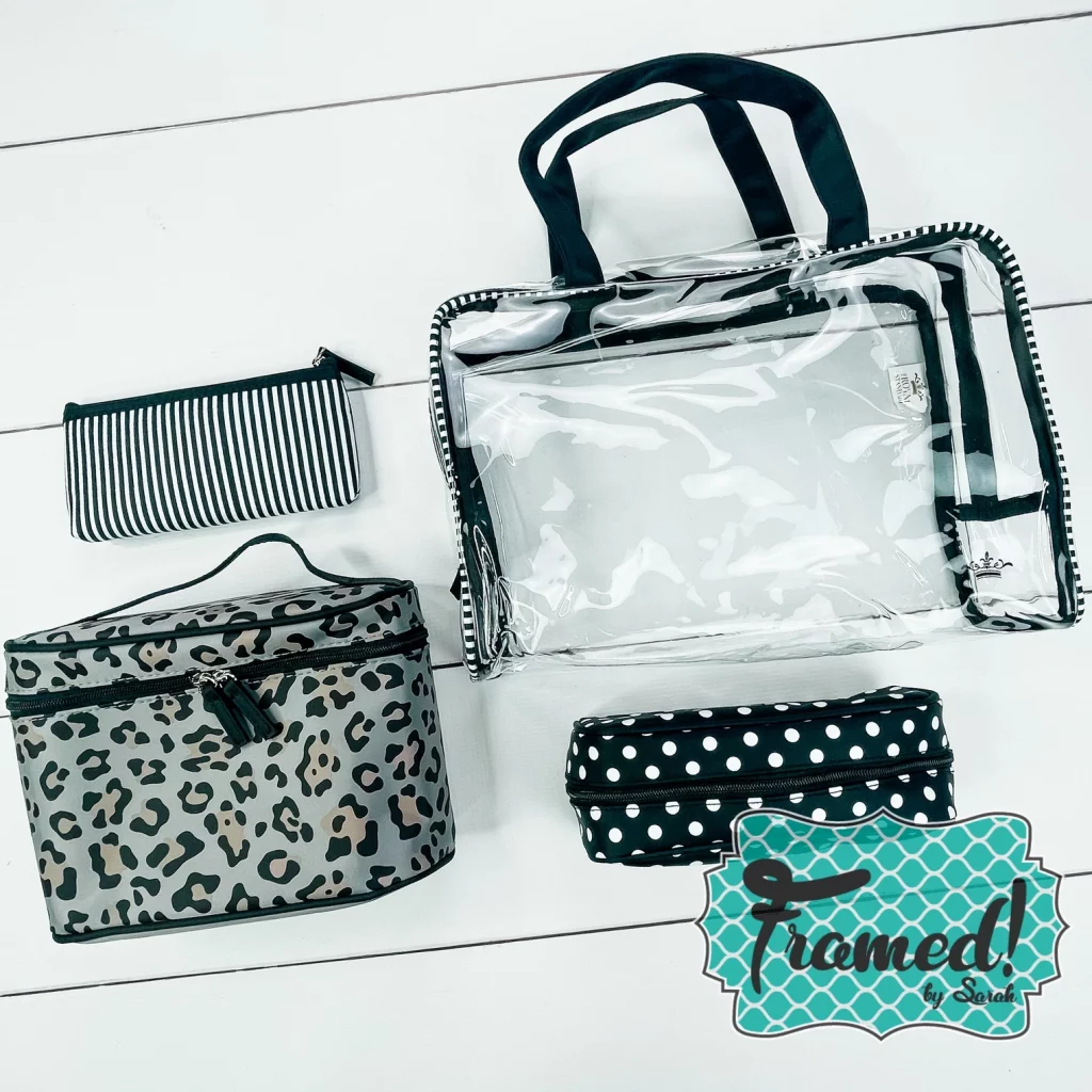 4 leopard print and clear travel bags displayed on a white background 