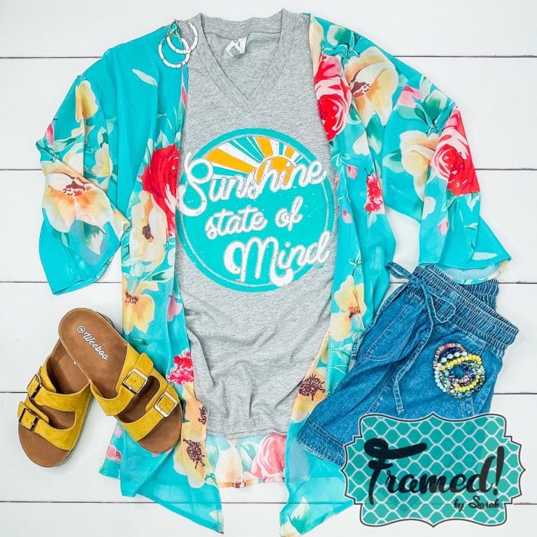 Floral blue kimono styled with the Sunshine State of Mind Tshirt