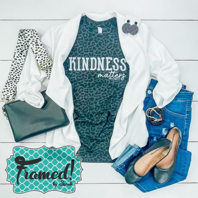 Leopard print Kindness Matters T-shirt Club Tee styled with white blazer, black handbag and flats