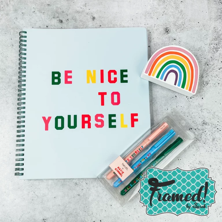 Be Nice To Yourself notebook, rainbow eraser, and colorful pens