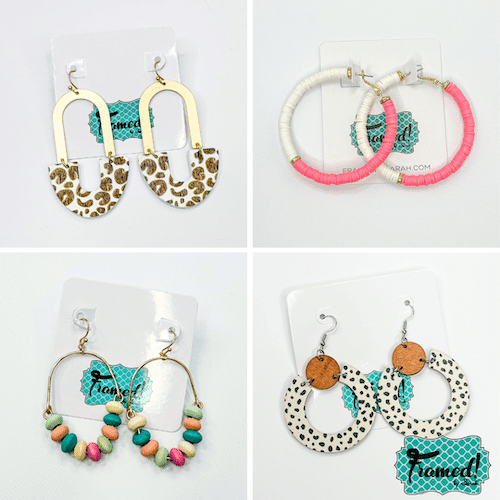 4 image grid of colorful drop earrings