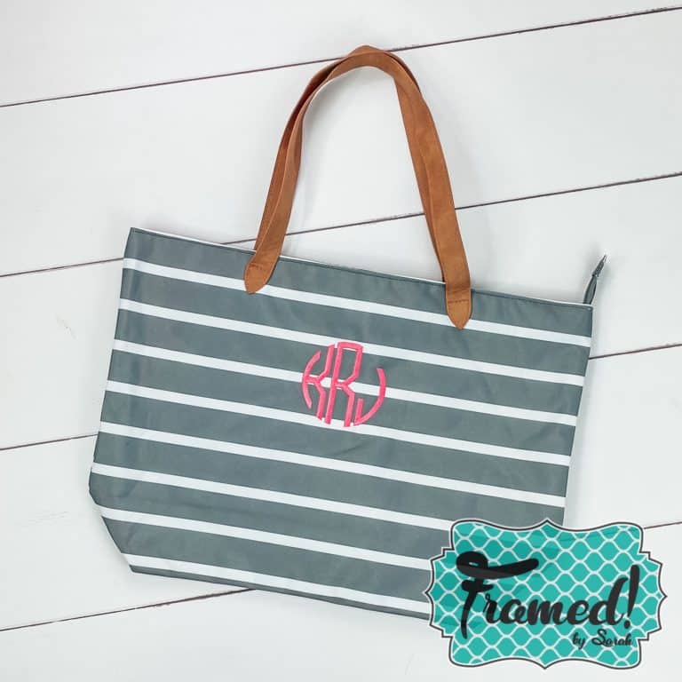 Pink monogrammed gray and white striped tote