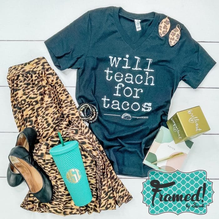 Will Teach for Tacos Tshirt Styled with Leopard Skirt - Teacher Style Guide