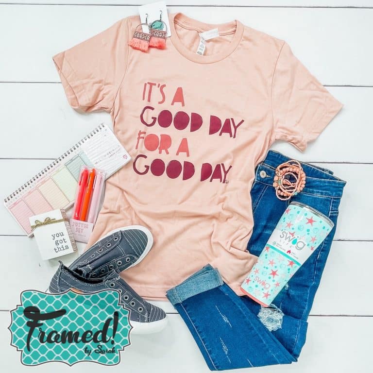 peach "Its a Good Day for A Good Day" Teshirt styled with jeans and gray sneakers - Teacher Style Guide