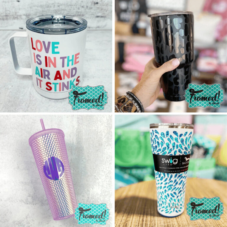 4 image grid with white snarky mig, black xl tumbler, purple monogrammed tumbler, white and blue tumpler