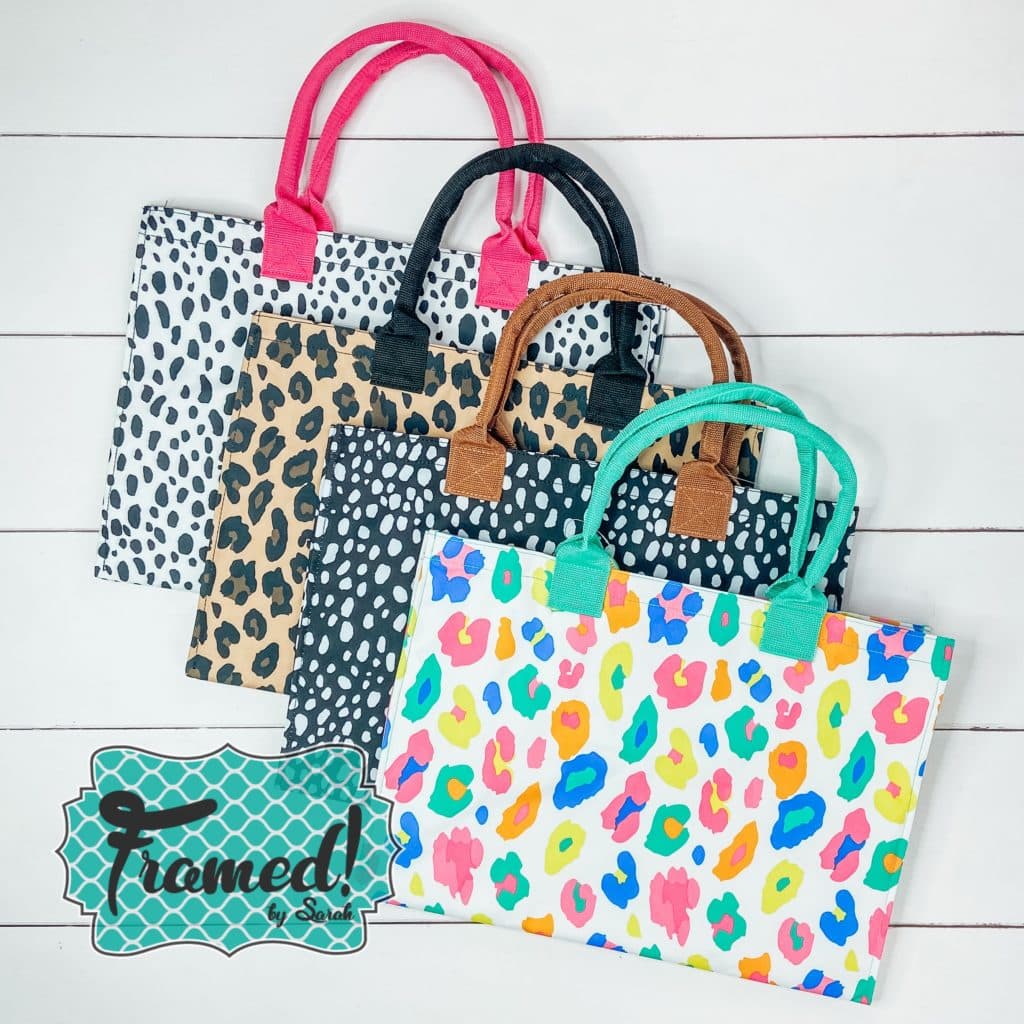 4 colorful patterns of totes stack on a wood slat backdrop