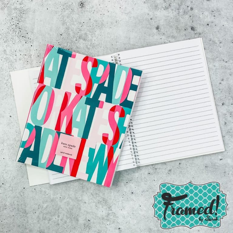 Notebook with Large colorful printed pattern staged open and closed on marble backdrop - August Monogram Box reveal