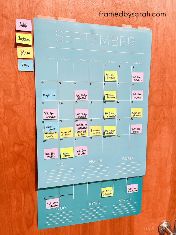 Blue Calendar hung on door with post it notes and schedule - How to Take Control of Your Schedule_Framed by Sarah