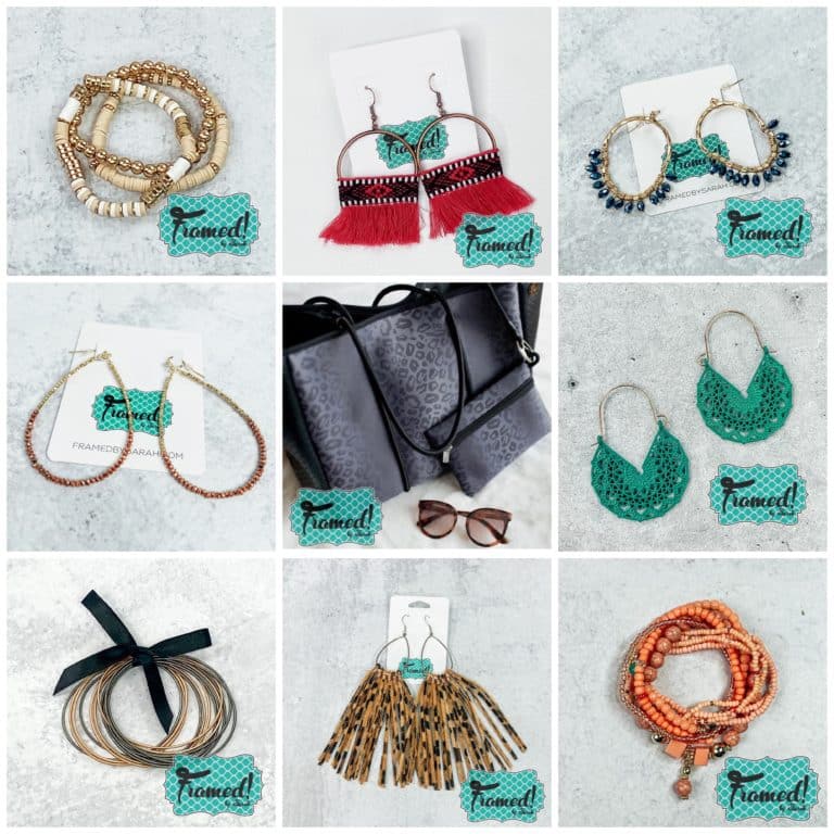 a 9 image grid of fall accessories earrings and tote bag