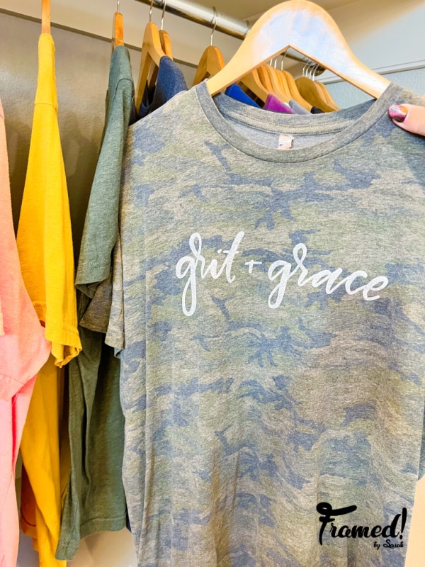 Camo tshirt with the text "grit and grace"