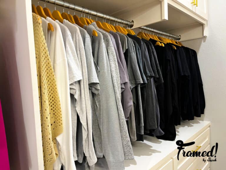 Black and White section of my closet with a full row of tshirts organized gray scale
