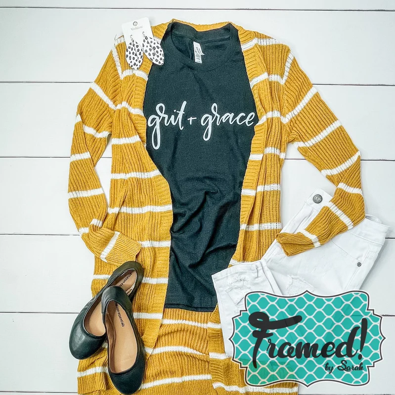 mustard striped cardigan styled with black grit and grace tee