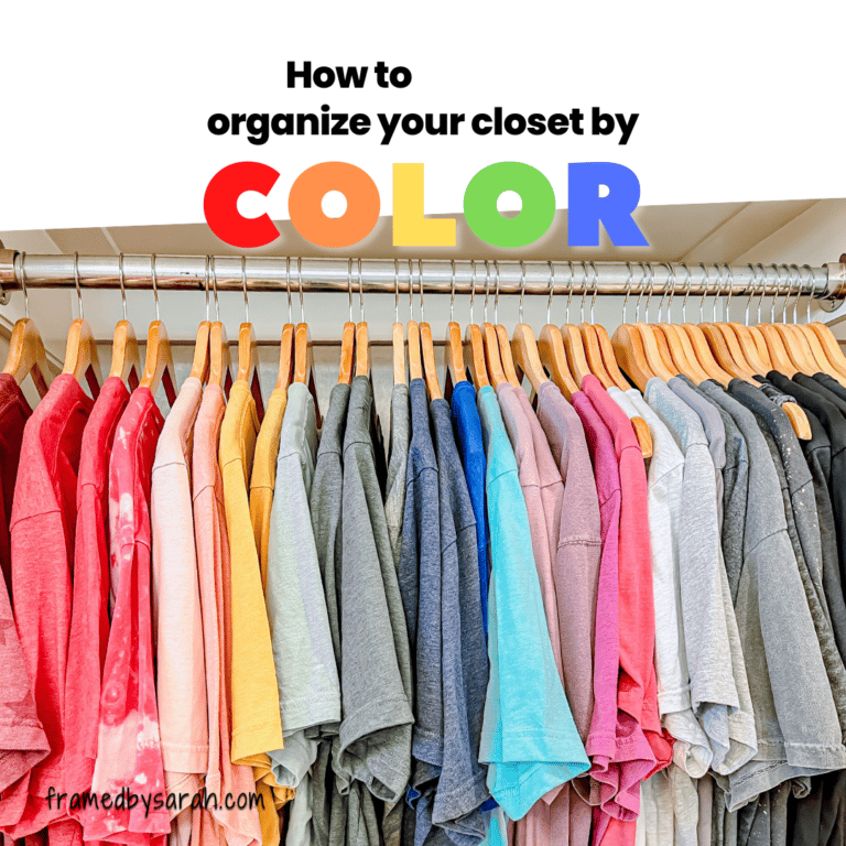 Text "How to organize your closet by color" with clothes hung in a closet