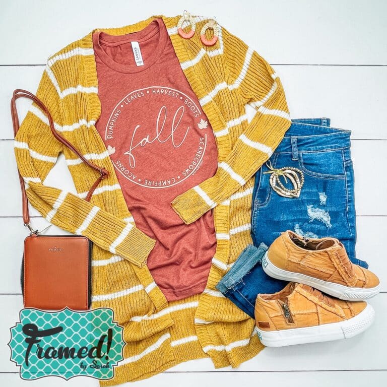 orange fall graphic tee styled with mustard striped cardigan, camel shoes and purse