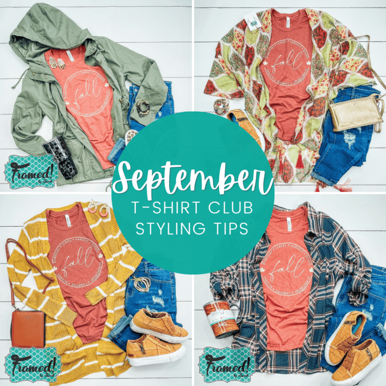 4 image grid with pictures of the All The Fall t shirt styled in different ways
