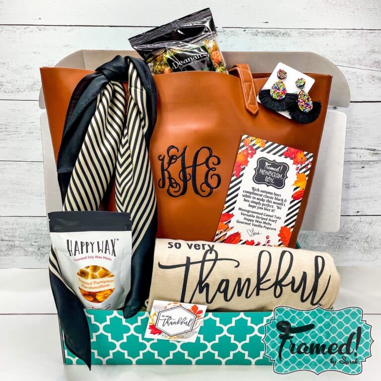 monogrammed leather bag, "thankful" tshirt, snacks, and scarf displayed in teal box_October 2022 Monogram Box_Subscription Box Opening