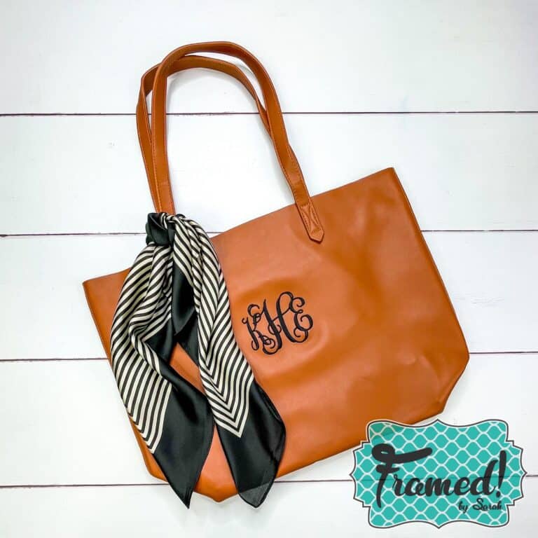 monogrammed camel tote with black and white satin scarf October 2022 Monogram Box_Subscription Box Opening