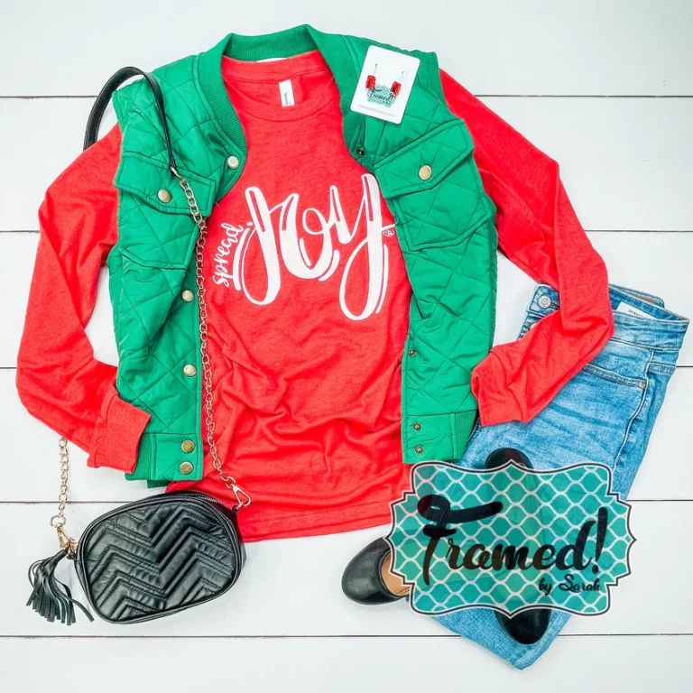 Spread Joy TShirt styled with quilted green vest