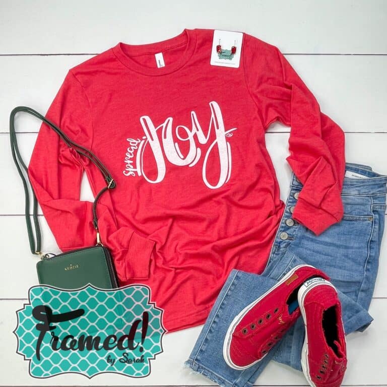 Spread Joy TShirt styled with jeans and red sneakers
