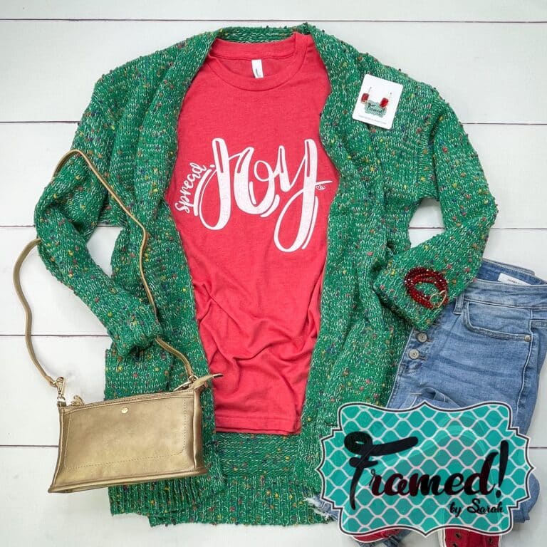 Spread Joy TShirt styled with green cardigan
