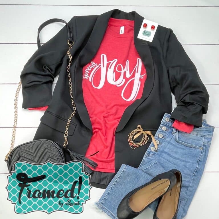 Spread Joy TShirt styled with black blazer