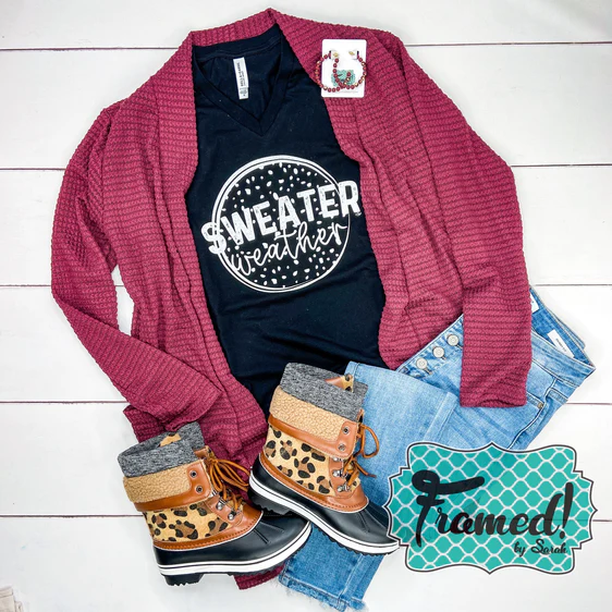 Berry Lola Cardigan styled with winter boot, jeans, and sweater weather tee