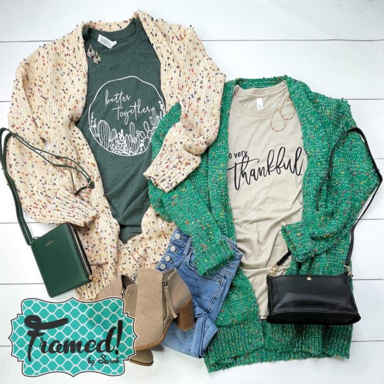 cream and green Confetti Cardigans styled with graphic tees