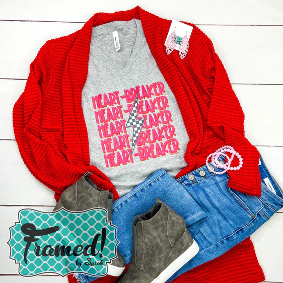 Gray V-Neck Heartbreaker Tee styled with red cardigan and jeans